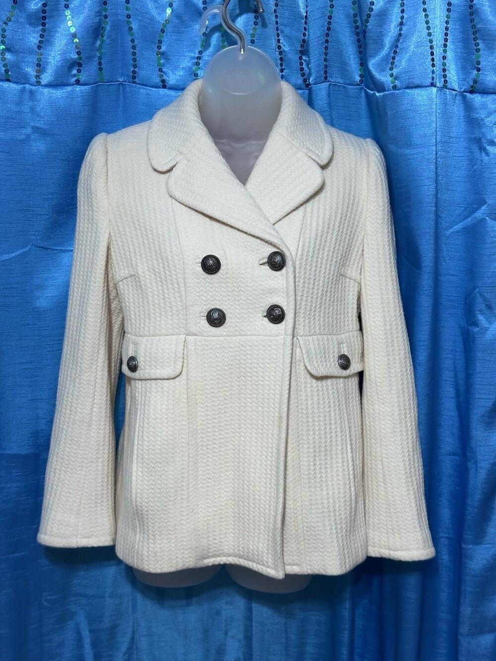 Juicy Couture Women Pea Coat Wool Blend Ivory Metal Button Double Breasted Small